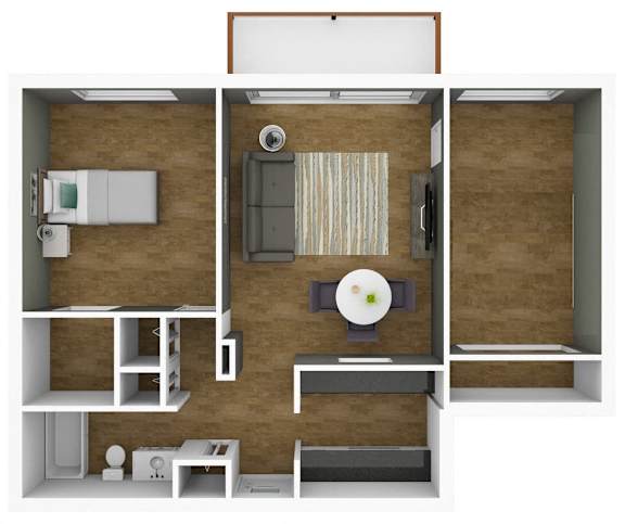 A top down view of a small apartment with a kitchen, living room, and bathroom.