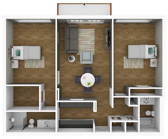 A 3D floor plan of a small apartment with a kitchen, living room, and bathroom.