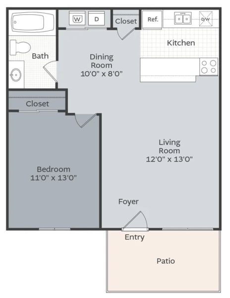 A floor plan of a house with a living room, dining room, kitchen, bedroom, and bathroom.