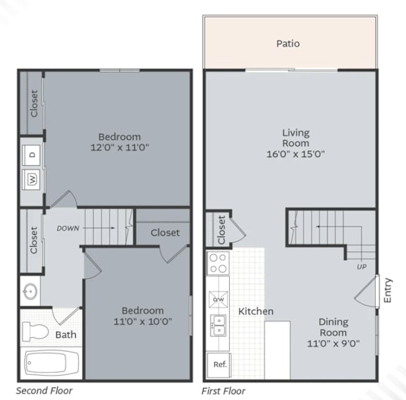 A floor plan of a two-story home with a patio.