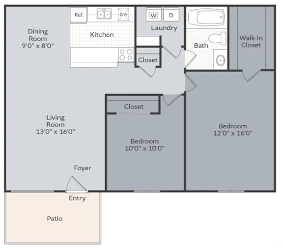 A floor plan of a house with a living room, dining room, kitchen, bedrooms, bathrooms, and a patio.