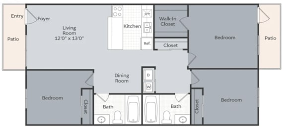 A floor plan of a house with a living room, dining room, kitchen, and four bedrooms.