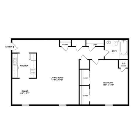 A floor plan of a small apartment with a kitchen, living room, bedroom, and bathroom.