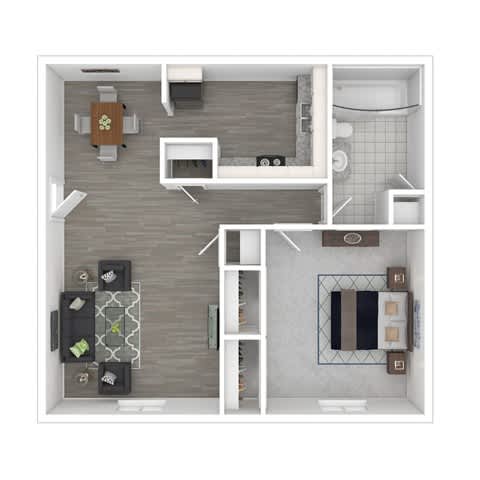 A top down view of a small apartment with a kitchen, living room, and bathroom.