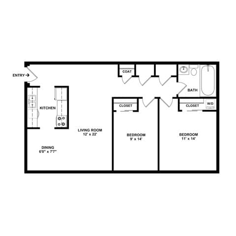 A black and white floor plan of a home with an entry, kitchen, living room, dining area, and three bedrooms.