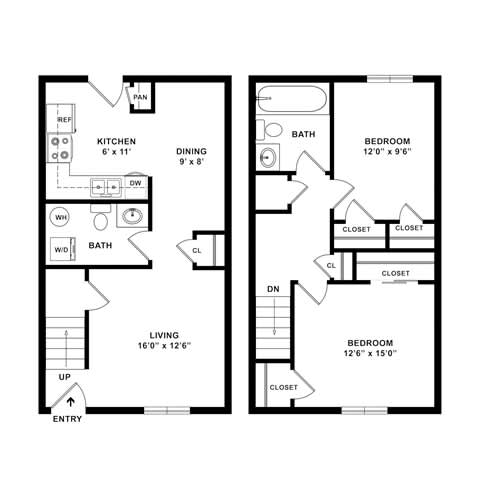 A floor plan of a two bedroom apartment with a living room, kitchen, dining room, and bathroom.