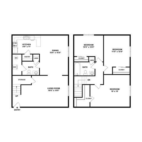 A floor plan of a two-bedroom apartment with a living room and a kitchen.