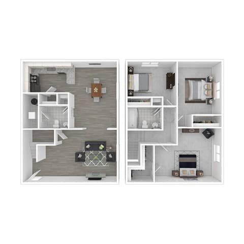 A floor plan of a two-story apartment with a living room, kitchen, and bedrooms.