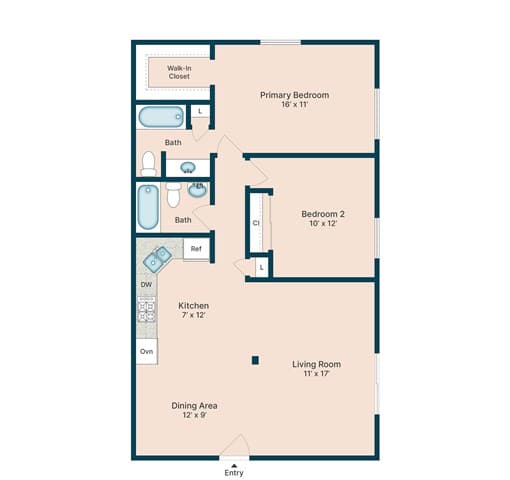 A floor plan of a small apartment with a living room, two bedrooms, a kitchen, and a dining area.