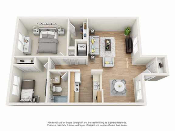 A floor plan of a small apartment with a kitchen, living room, and bedroom.