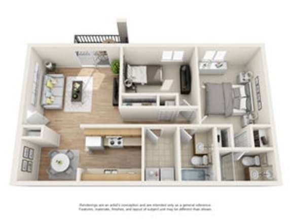 A floor plan of a small apartment with a kitchen, living room, and bedroom.