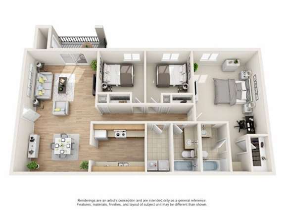 A floor plan of a house with a kitchen, living room, and two bedrooms.