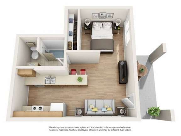 A 3D rendered image of a modern apartment layout.