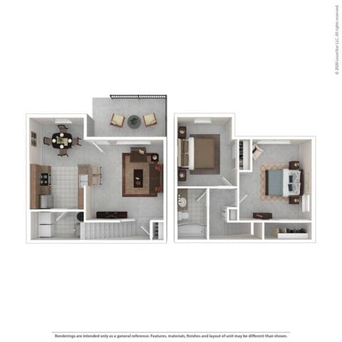 A floor plan of a two-bedroom apartment with a kitchen and living room.