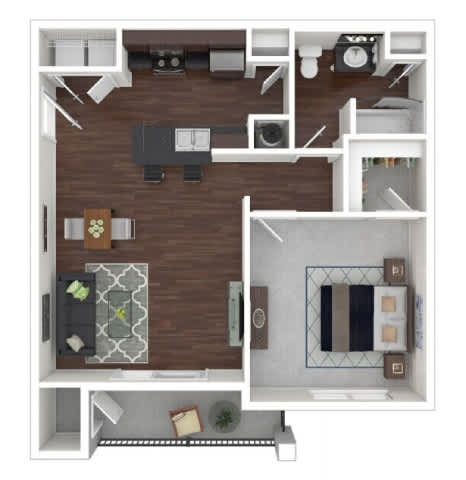 A floor plan of a house with a kitchen, living room, and bathroom.