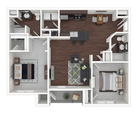 A top-down view of a house layout with a kitchen, living room, and bedrooms.