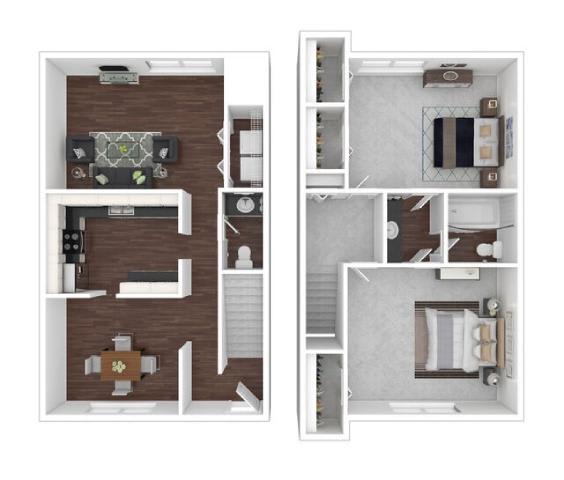 A floor plan of a two-story apartment with a living room, kitchen, and bathroom on the first floor, and a bedroom with a bathroom on the second floor.