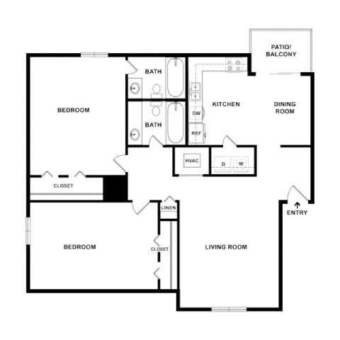 A black and white image of a house floor plan with a living room, kitchen, dining room, and two bedrooms.