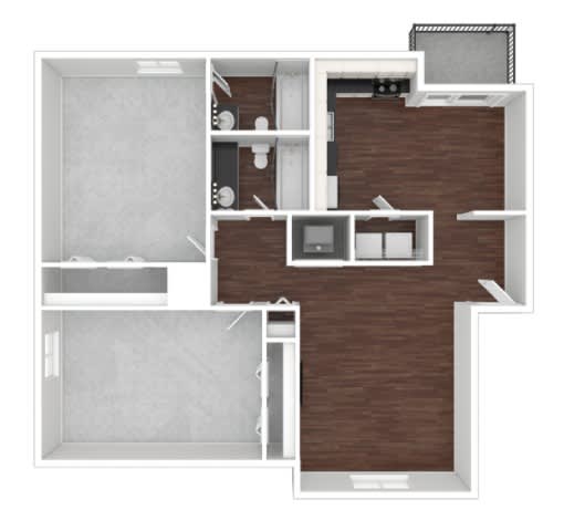 A floor plan of a house with a kitchen, living room, and two bedrooms.