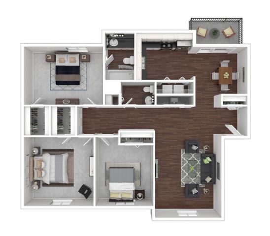 A floor plan of a house with a kitchen, living room, and two bedrooms.