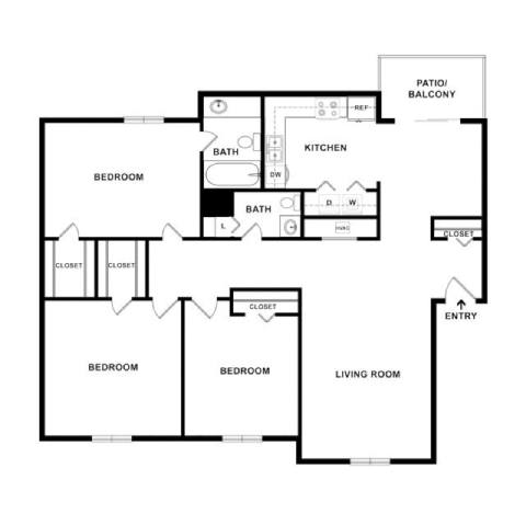 A black and white image of a house floor plan with a living room, kitchen, and bathrooms.