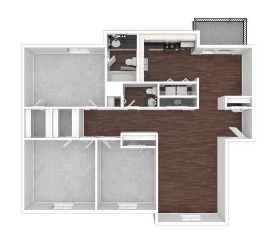 A floor plan of a house with a kitchen, living room, and two bedrooms.
