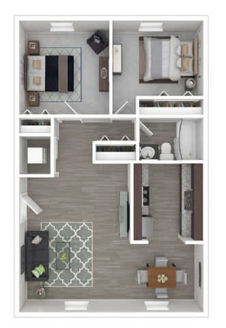 A floor plan of a house with a kitchen, living room, dining room, and two bedrooms.