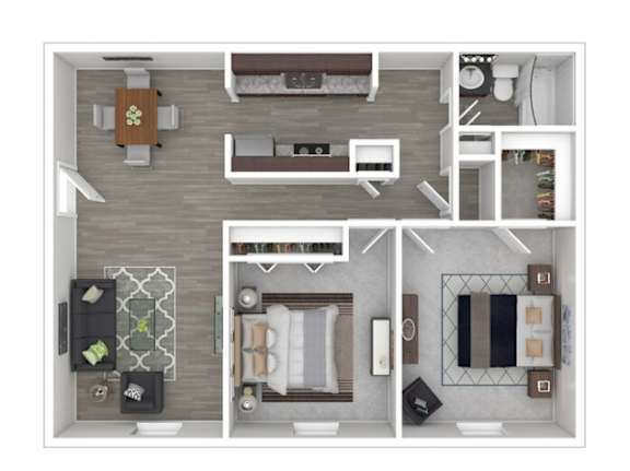 A top-down view of a house layout with a kitchen, living room, dining room, and bedrooms.