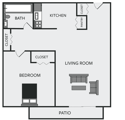 A simple black and white floor plan of a house with a living room, bedroom, bathroom, kitchen, and pantry.