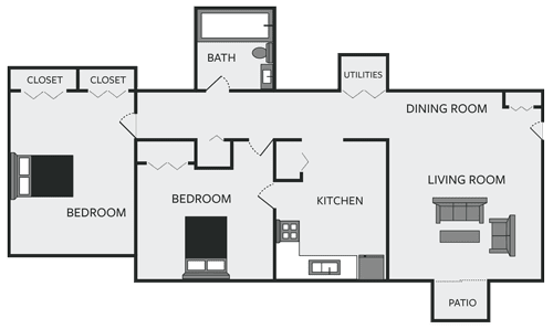 A floor plan of a house with two bedrooms, a living room, a dining room, a kitchen, a bathroom, and a patio.