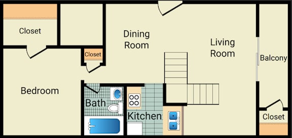A floor plan of a house with a bedroom, kitchen, dining room, living room, and two closets.