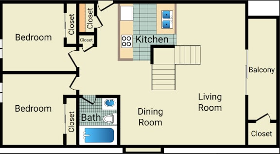 A floor plan of a living space with a kitchen, two bedrooms, a dining room, and a bathroom.
