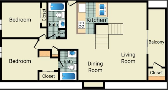 A floor plan of a house with two bedrooms, a kitchen, a dining room, and a living room.