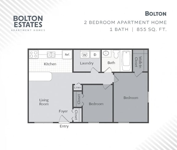 A floor plan of a two bedroom apartment with Bolton Estates logo.