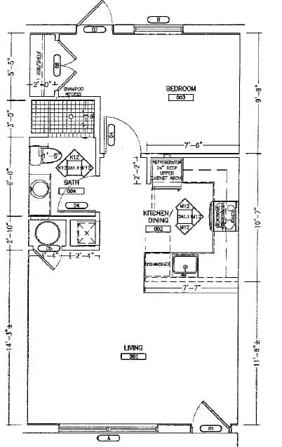 A floor plan of a house with a bedroom, bathroom, kitchen, and living room.