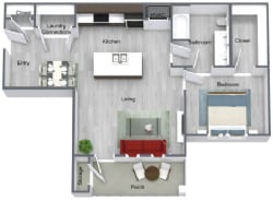 A floor plan of a house with a kitchen, living room, and bathroom.