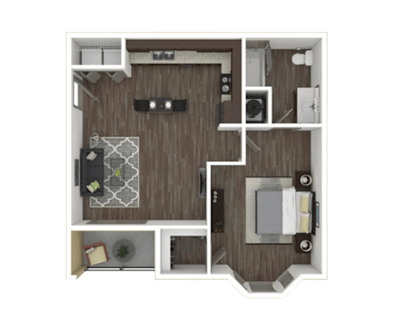 A top-down view of a small apartment layout with a kitchen, living room, and bedroom.