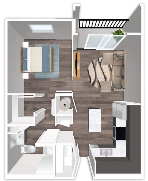 A top-down view of a small apartment with a kitchen, living room, and bathroom.