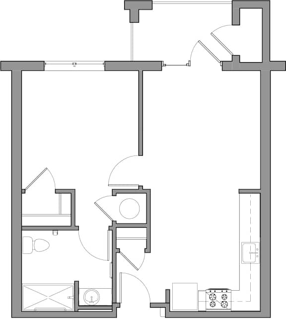 A floor plan of a house with a kitchen, living room, and bathroom.
