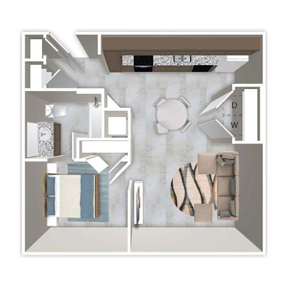 A floor plan of a house with a living room, kitchen, and bathroom.