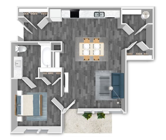A floor plan of a house with a kitchen, living room, and bathroom.
