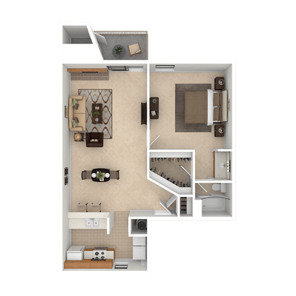 A 3D floor plan of a small apartment with a kitchen, living room, and bathroom.