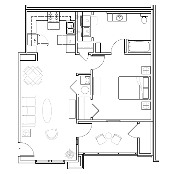A floor plan of a house with a kitchen, living room, and bathroom.