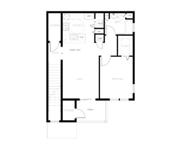 A floor plan of a house with a kitchen, living room, and bedrooms.