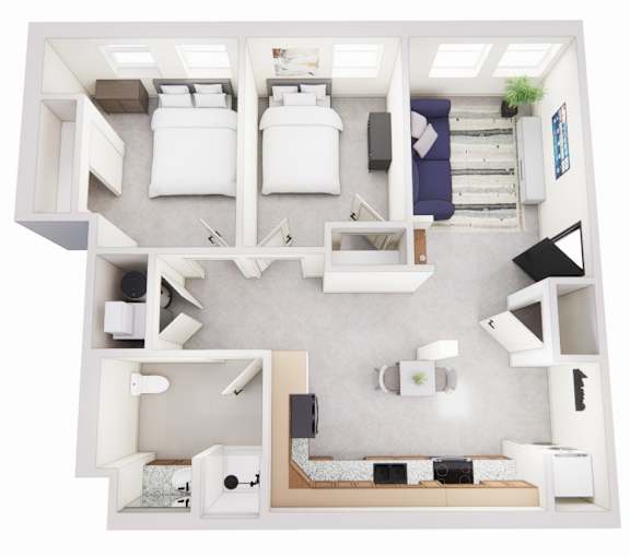 A top view of a small apartment with two beds, a kitchen, and a bathroom.