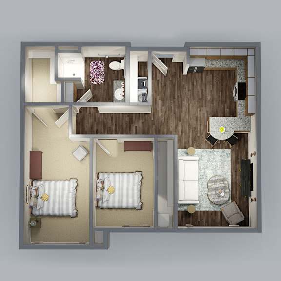 A 3D floor plan of a house with two bedrooms and a living area.