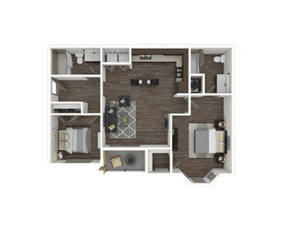 A 3D rendered image of a house layout.