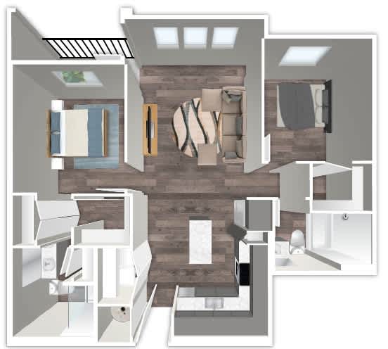 Floor Plan  A 3D floor plan of a house with a kitchen, living room, and bathroom.