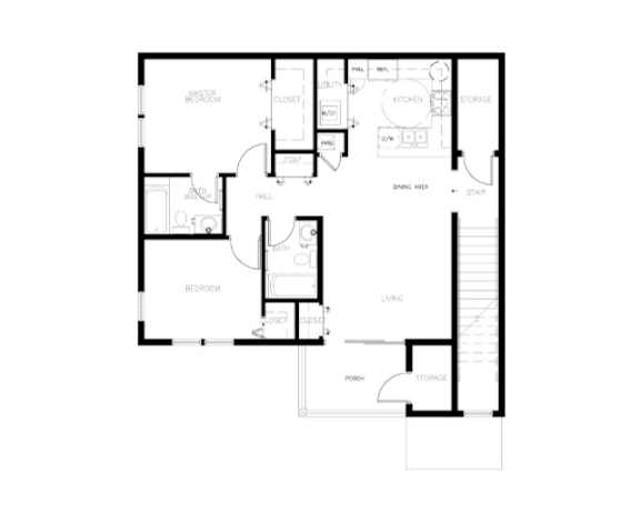 A black and white floor plan of a house with a kitchen, living room, bedrooms, and bathrooms.