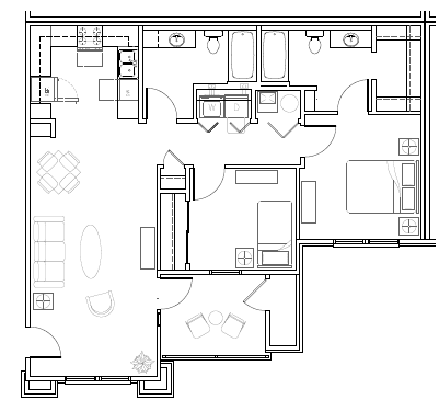 A floor plan of a house with a kitchen, living room, and two bedrooms.